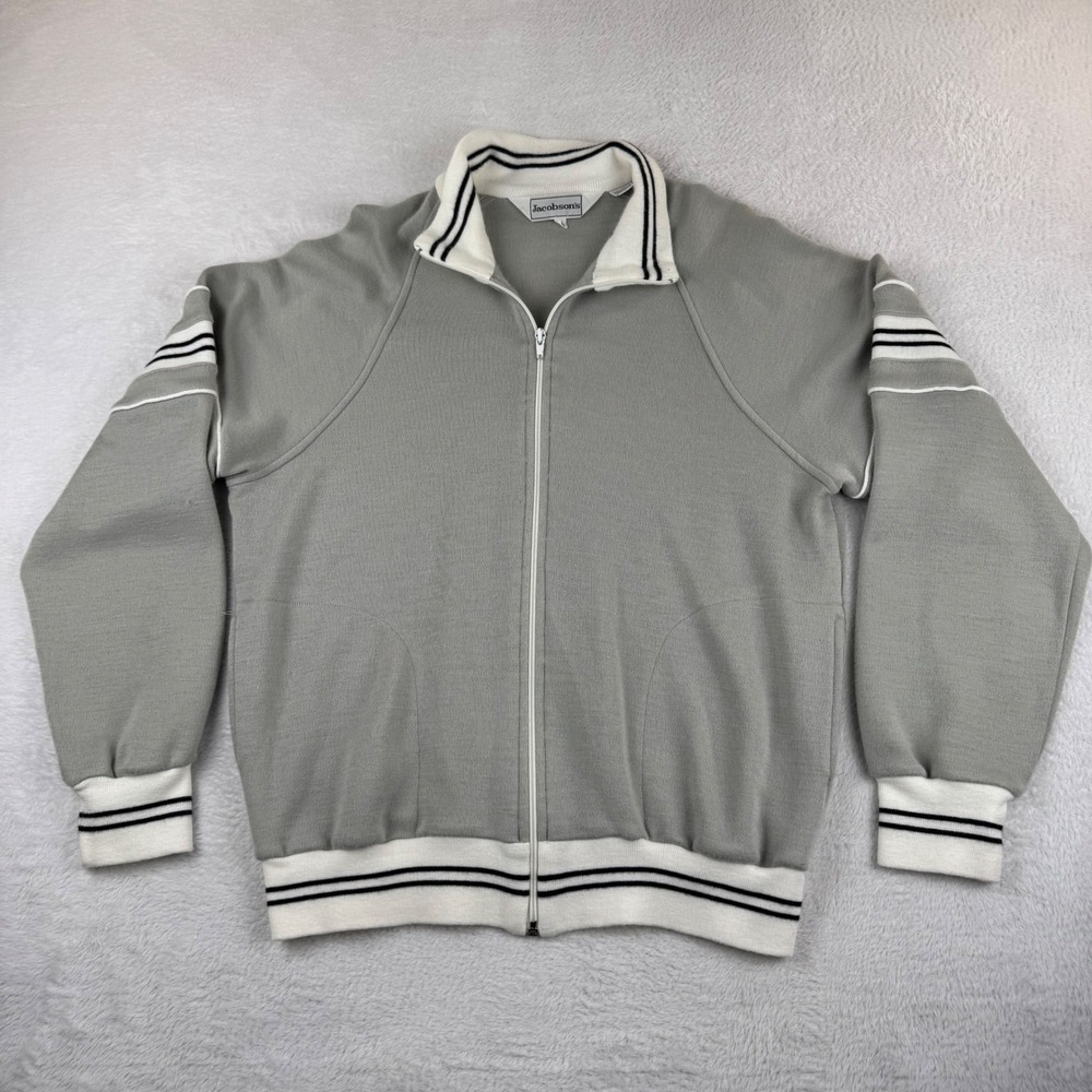 VTG‎ Jacobson's Track Jacket Mens XL Grey Vintage Full Zip Striped Trim Retro